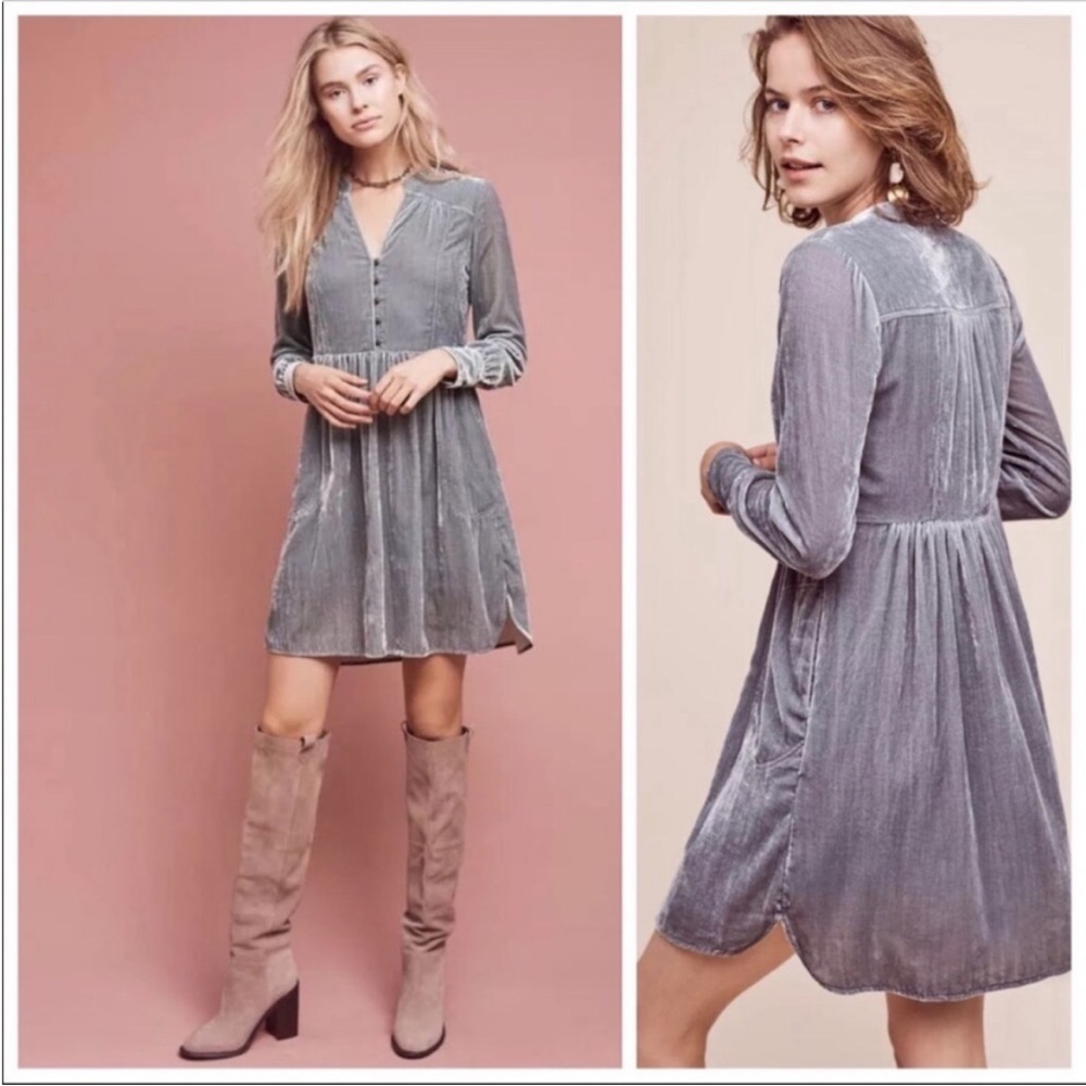 Women's Velvet Button-Front Mini Dress - Light Grey